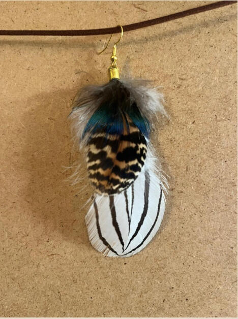 Pendiente artesanal Ritmo Salvaje con plumas blancas rayadas, moteadas y tonos azules en composición dinámica